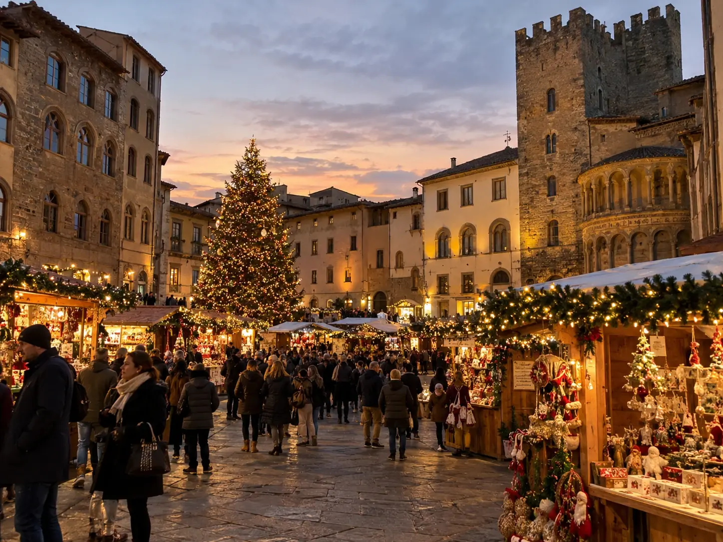 Casette di Natale e grande albero illuminato nel centro storico di Arezzo al tramonto, con la torre merlata e l'abside romanica sullo sfondo