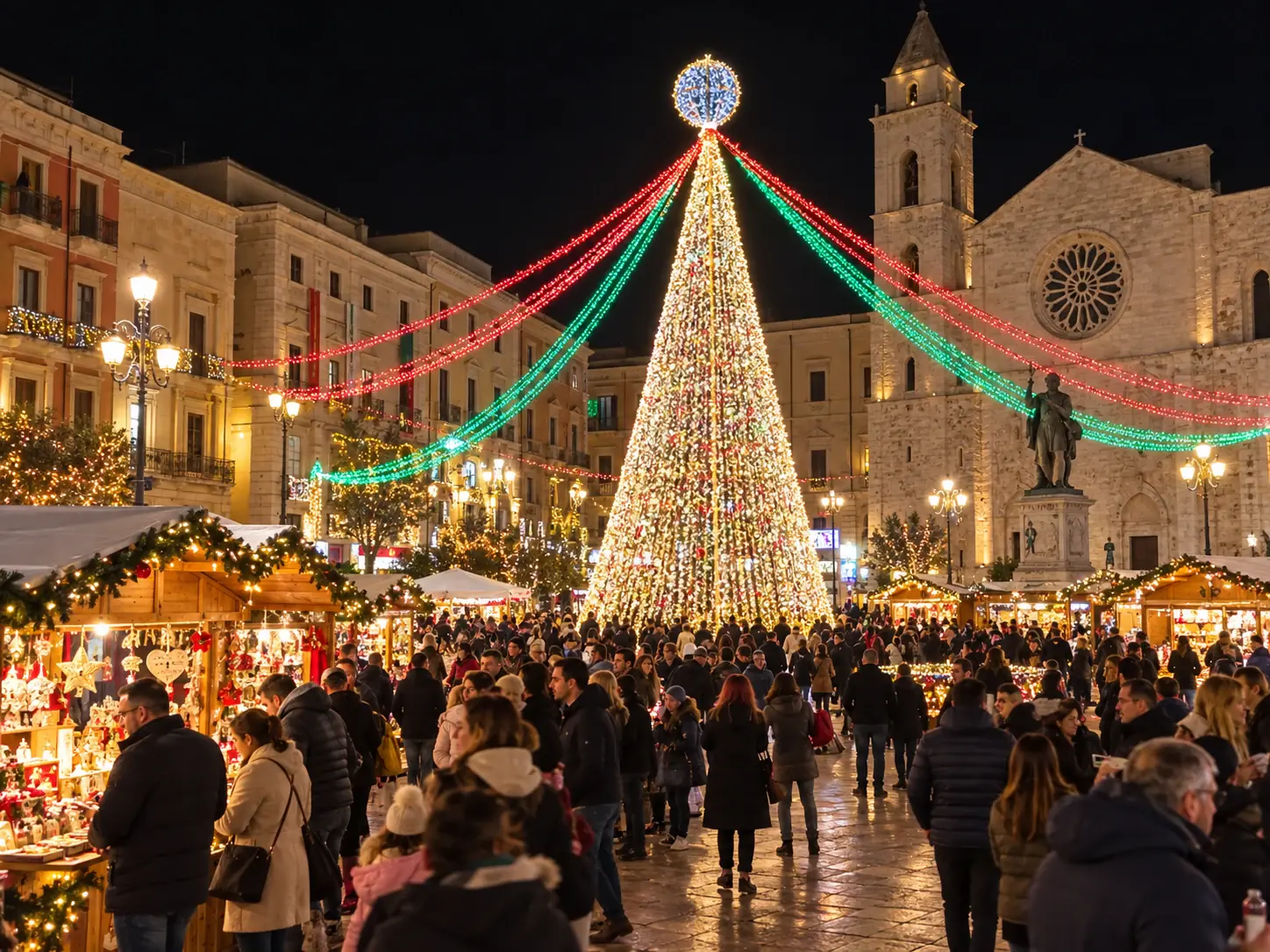 Mercatino di Natale in una piazza di Barletta di sera, con grande albero luminoso, festoni di luci rosse e verdi, casette di legno, statua e chiesa con rosone