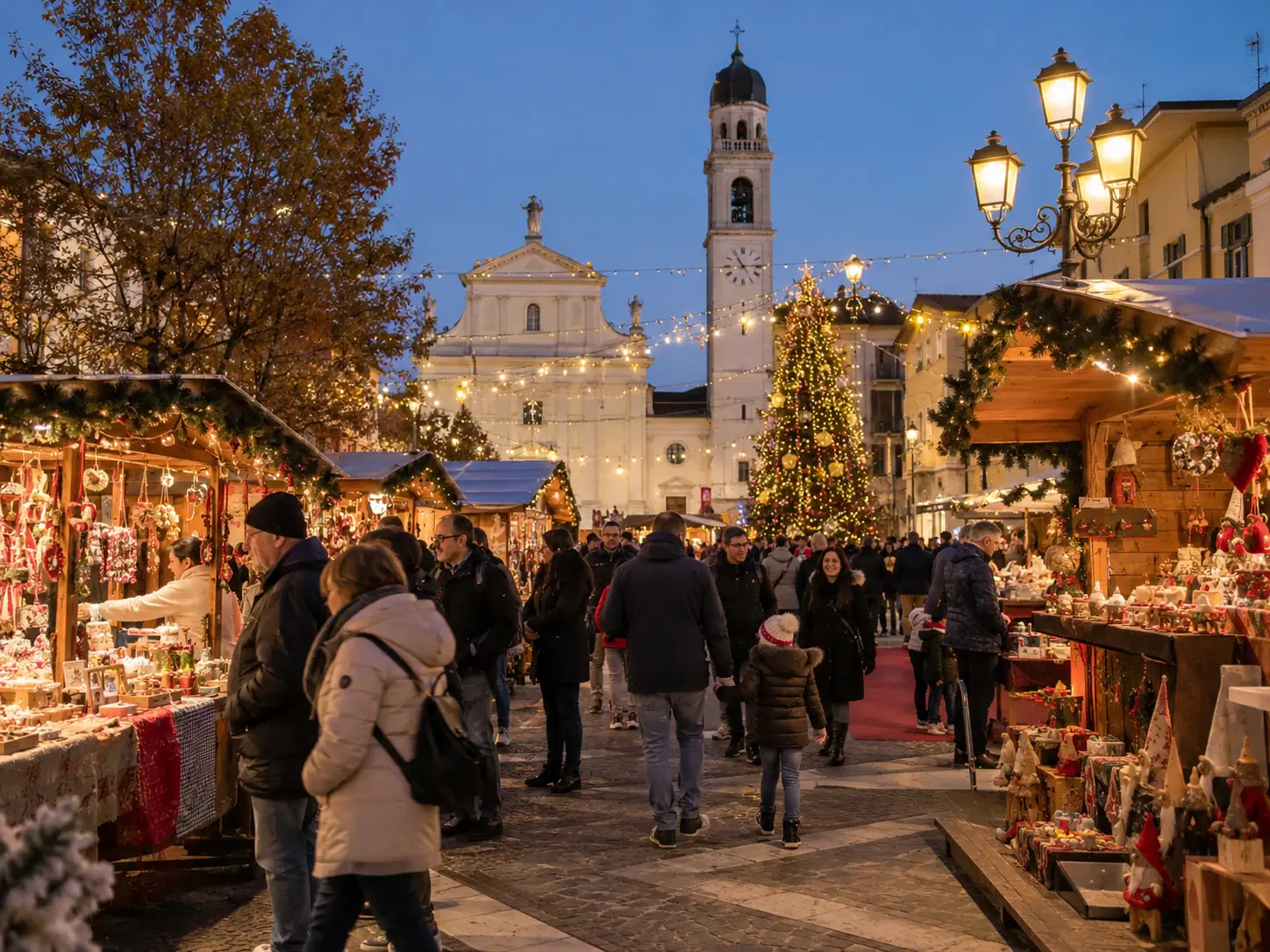 Bancarelle di artigianato e albero di Natale illuminato in piazza davanti alla chiesa, mercatini di Natale di Bolzano Vicentino