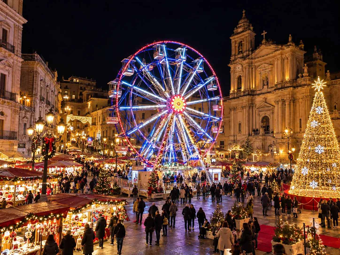 Mercatino di Natale in una piazza di Caltanissetta di sera, con ruota panoramica illuminata, albero di Natale luminoso e facciata barocca della cattedrale