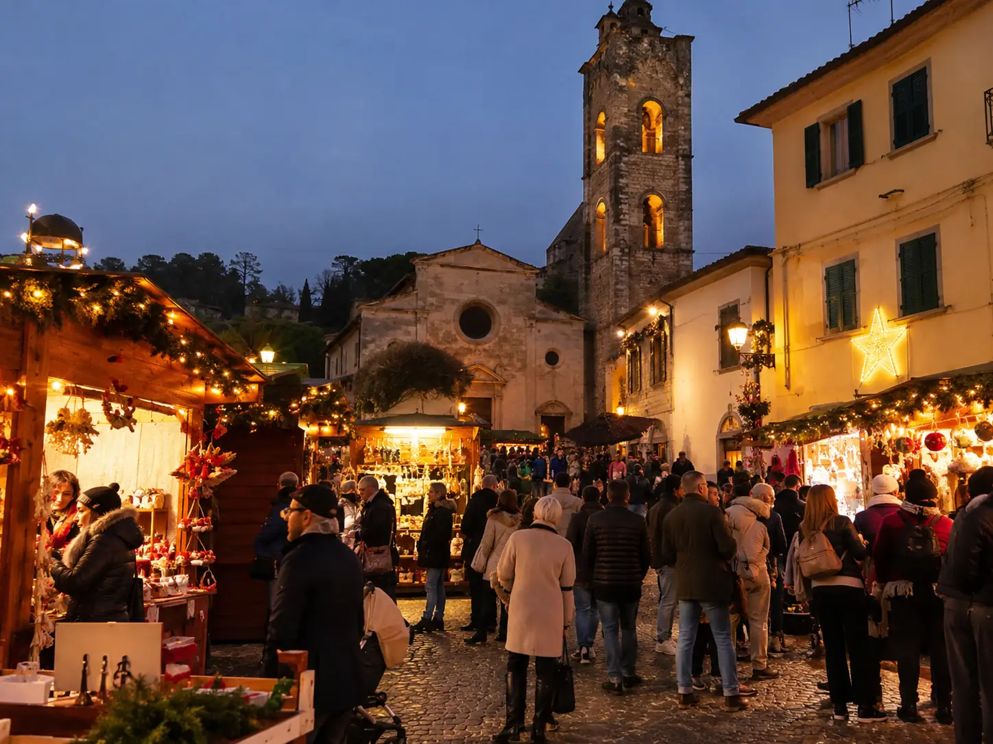 Bancarelle di Natale e visitatori in una piazza di borgo di Capannori con chiesa in pietra, campanile e stella luminosa