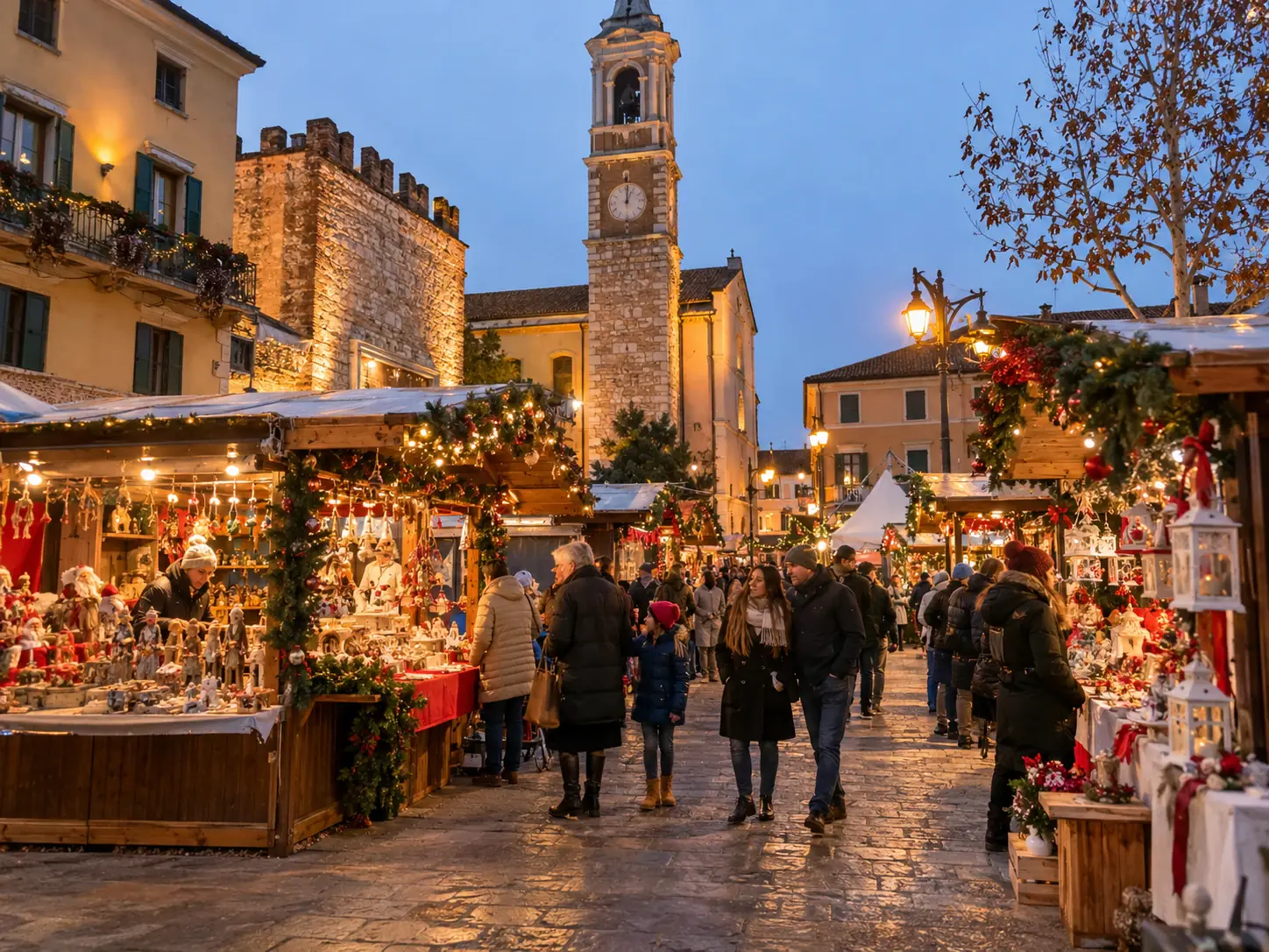 Casette di legno decorate e visitatori in una piazza con campanile e torre merlata, mercatini di Natale di Castelnuovo del Garda
