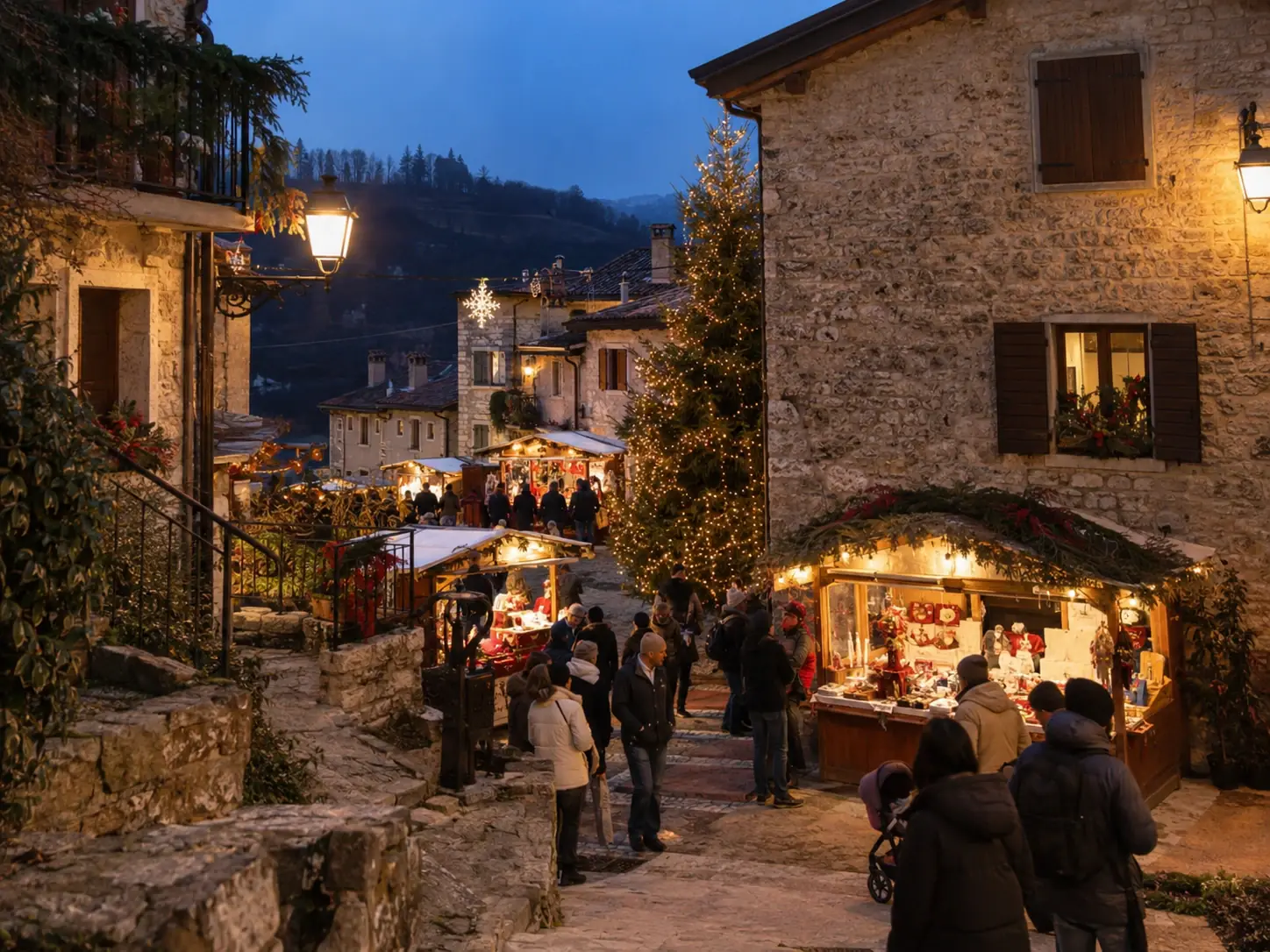Bancarelle di Natale lungo un vicolo in pietra con albero illuminato nel borgo di Cavalo, a Fumane, in Valpolicella