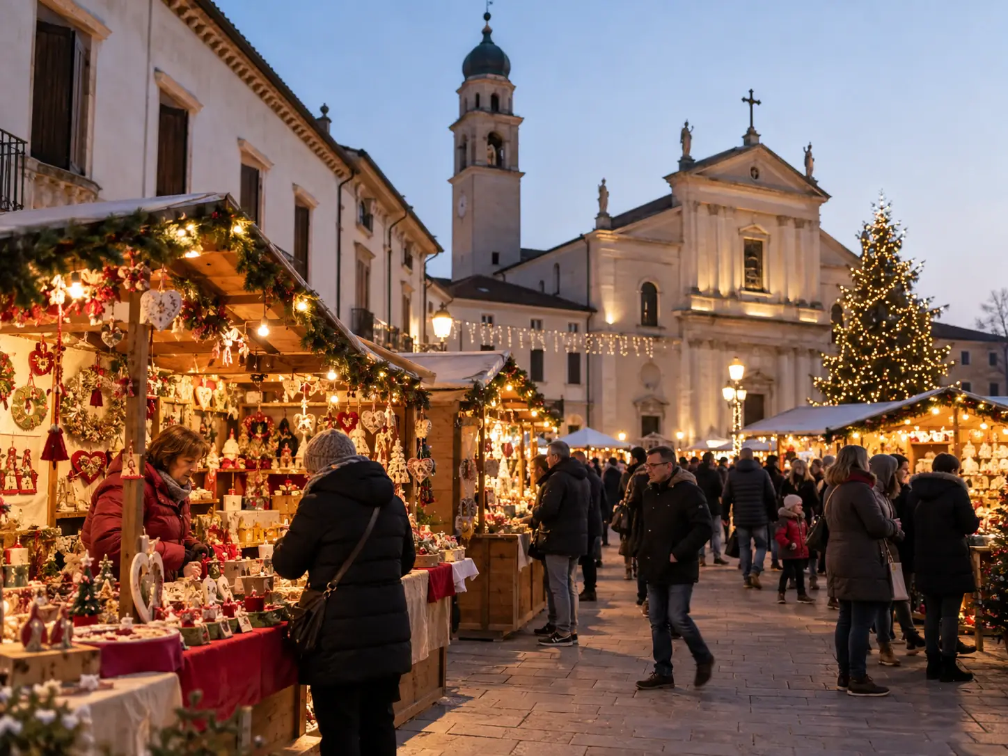 Bancarelle di Natale in piazza con chiesa e grande albero illuminato, mercatini di Natale di Conselve