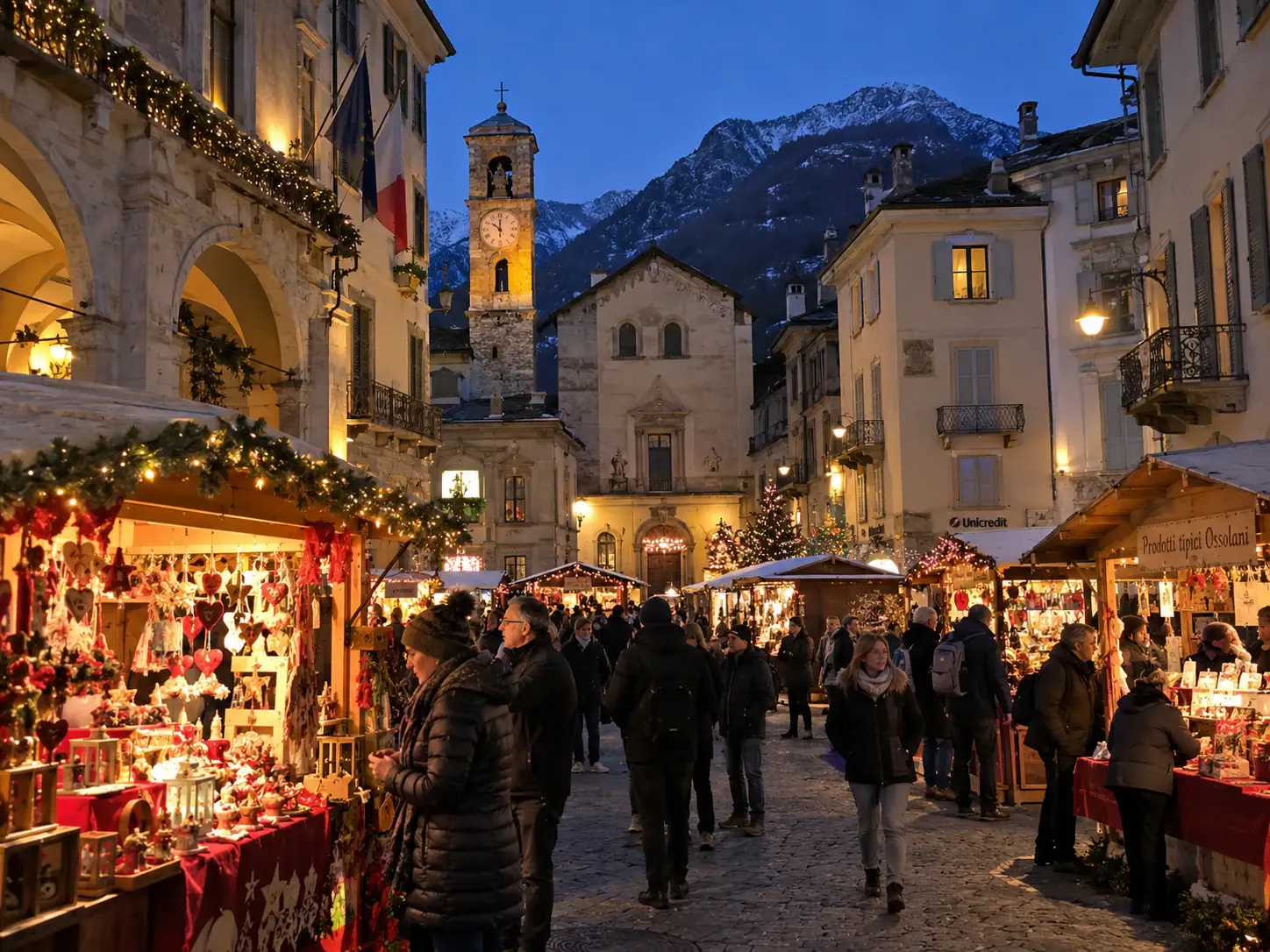 Bancarelle di Natale in una piazza di Domodossola con campanile e montagne innevate, tra i banchi di prodotti tipici ossolani