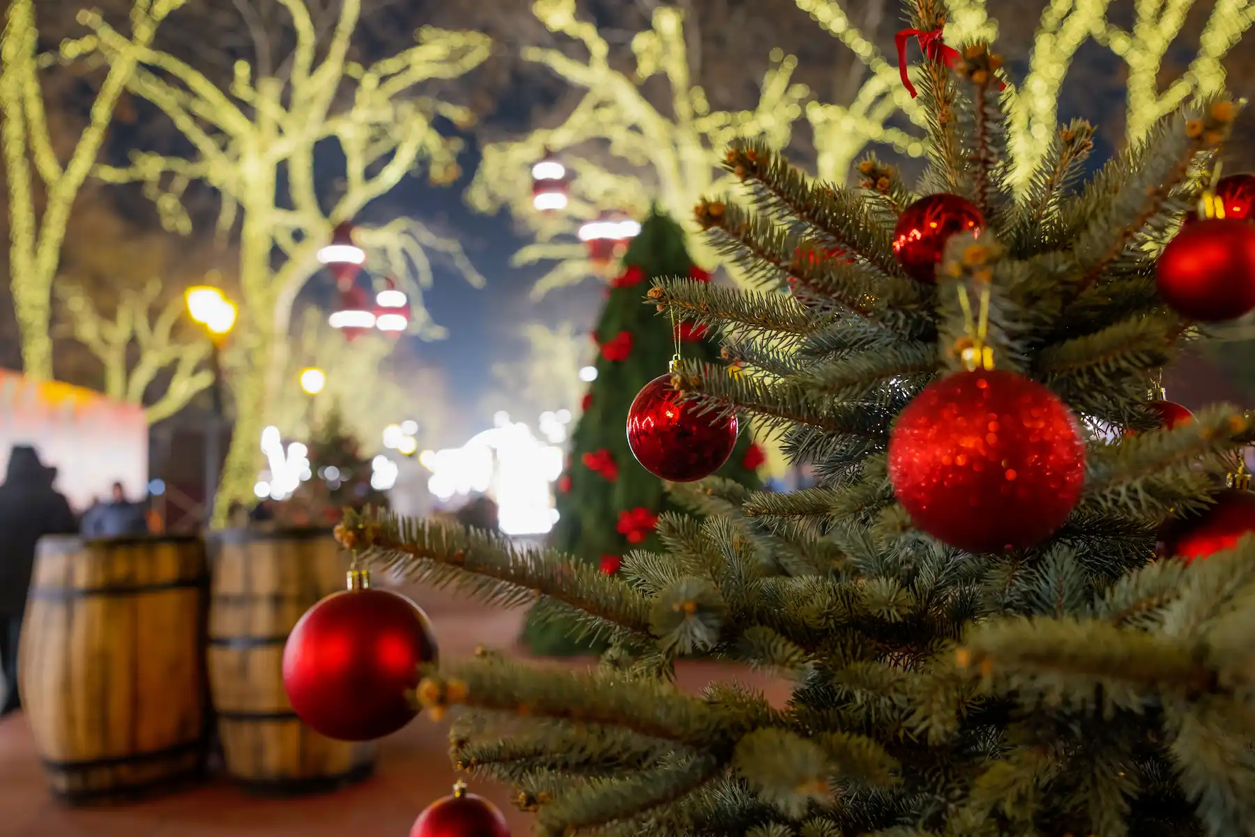 Abete addobbato con grandi palline rosse e botti di legno, con luci sullo sfondo - mercatini di Natale di Gradara