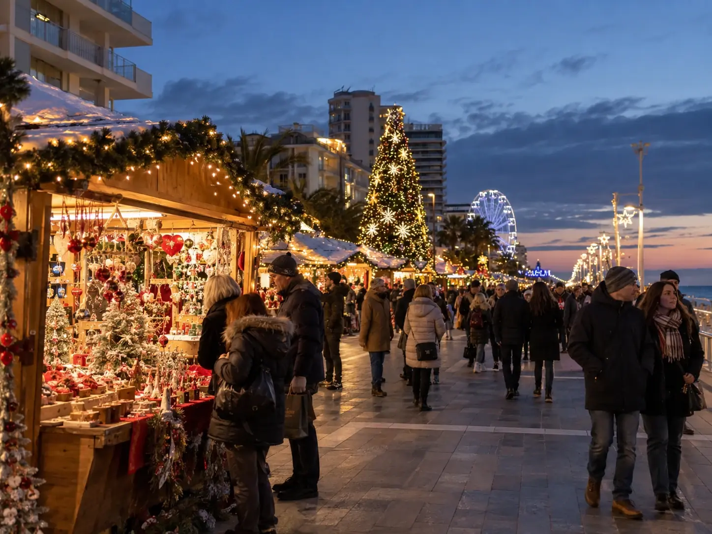 Casette di legno, albero di Natale illuminato e ruota panoramica sul lungomare di Jesolo ai mercatini di Natale