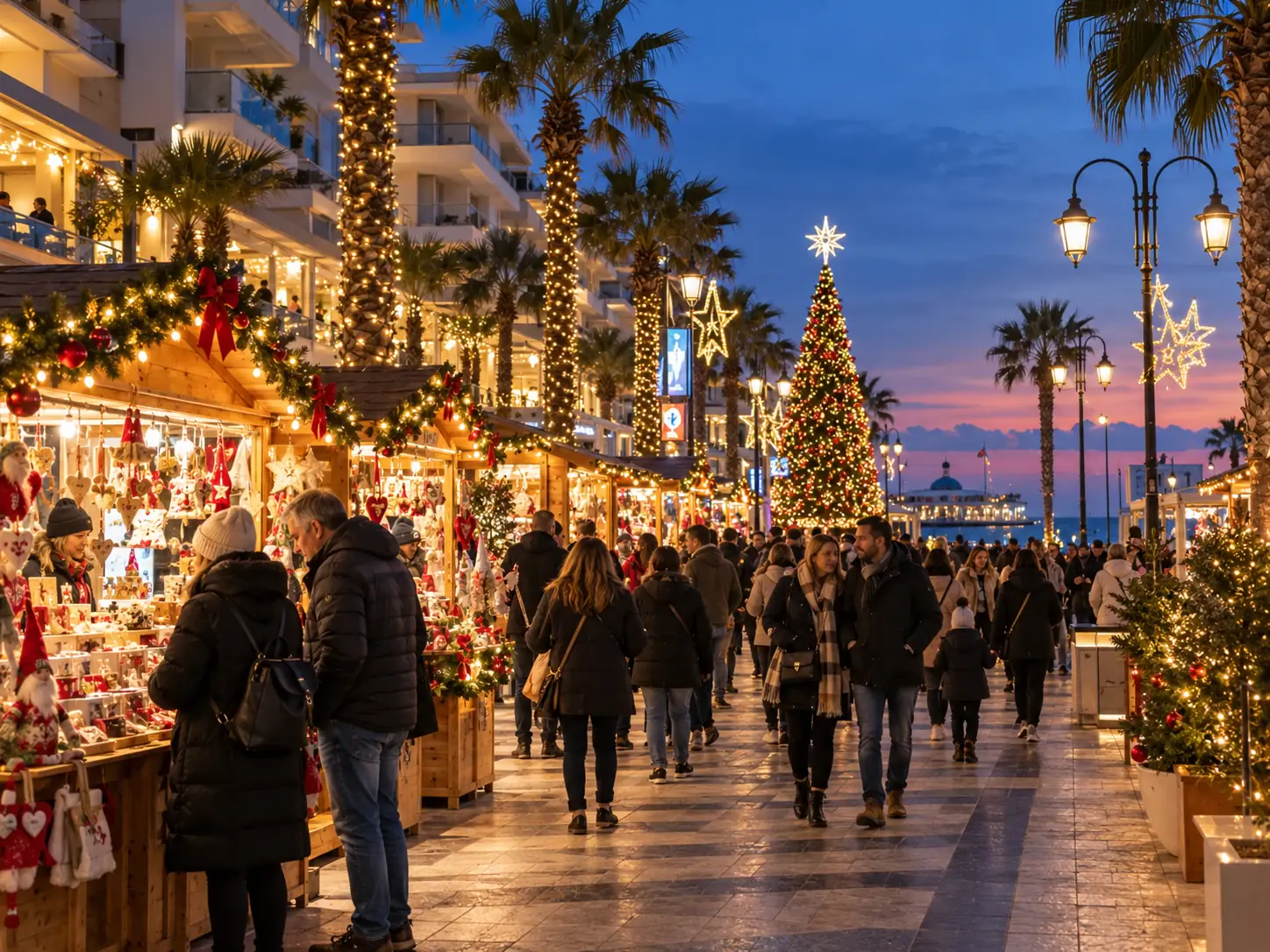 Casette di Natale e grande albero illuminato lungo il lungomare di Lignano Sabbiadoro, tra palme avvolte da luci e la Terrazza a Mare sullo sfondo