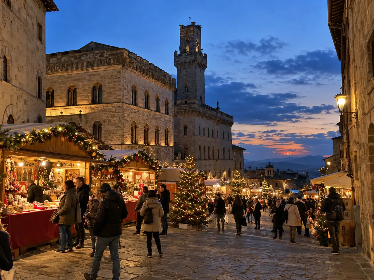 Mercatino di Natale a Montepulciano con casette di legno, alberi illuminati, palazzo in pietra con torre e colline al tramonto