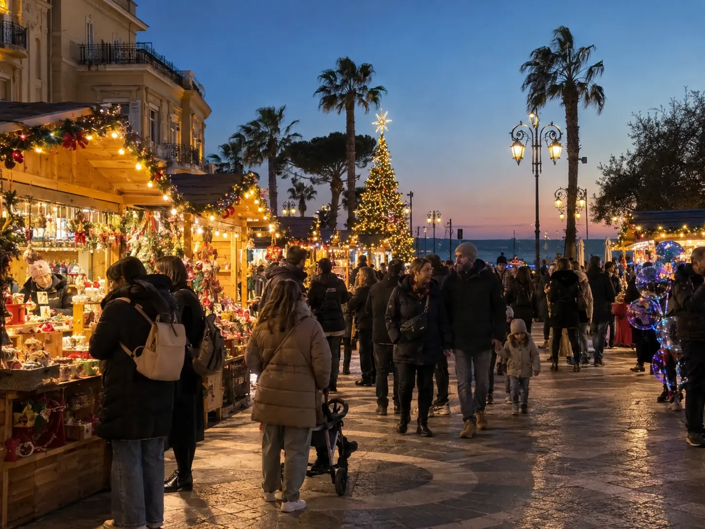 Casette di Natale e albero luminoso con stella tra le palme sul lungomare di Ostia al tramonto, con il mare sullo sfondo