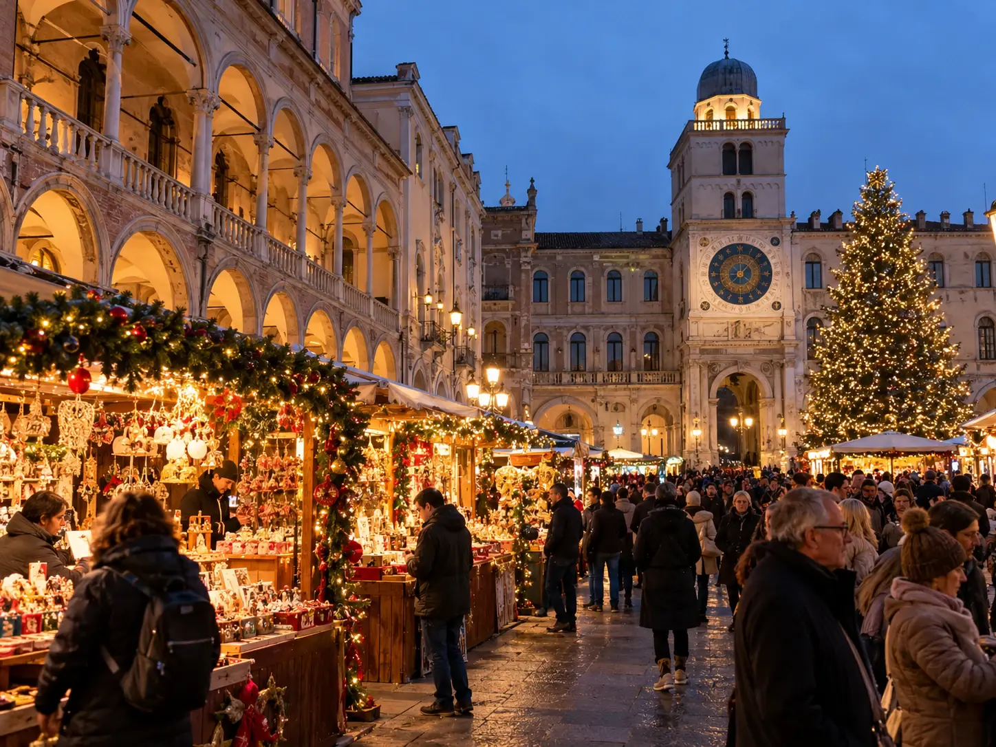 Casette di legno e albero di Natale illuminato in piazza, tra la loggia a portici e la torre dell'orologio, mercatini di Natale di Padova