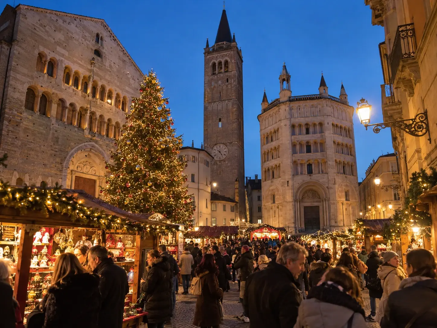 Mercatino di Natale in Piazza Duomo a Parma, con casette di legno, grande albero illuminato, Cattedrale romanica, campanile e Battistero