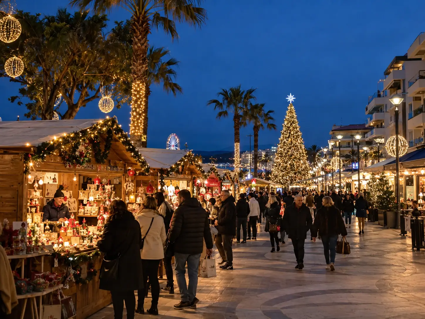 Casette di Natale e grande albero luminoso sul lungomare di Riccione, tra palme illuminate e ruota panoramica