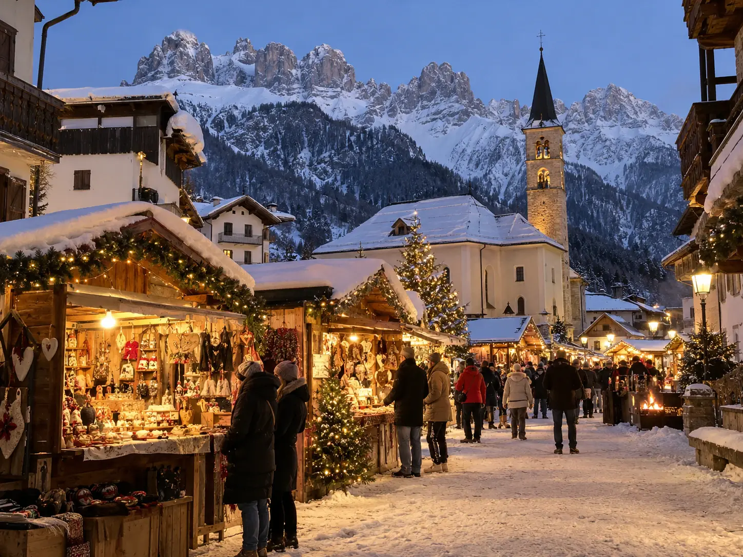 Mercatino di Natale sotto la neve con casette di legno, chiesa con campanile e guglie dolomitiche, San Pietro di Cadore