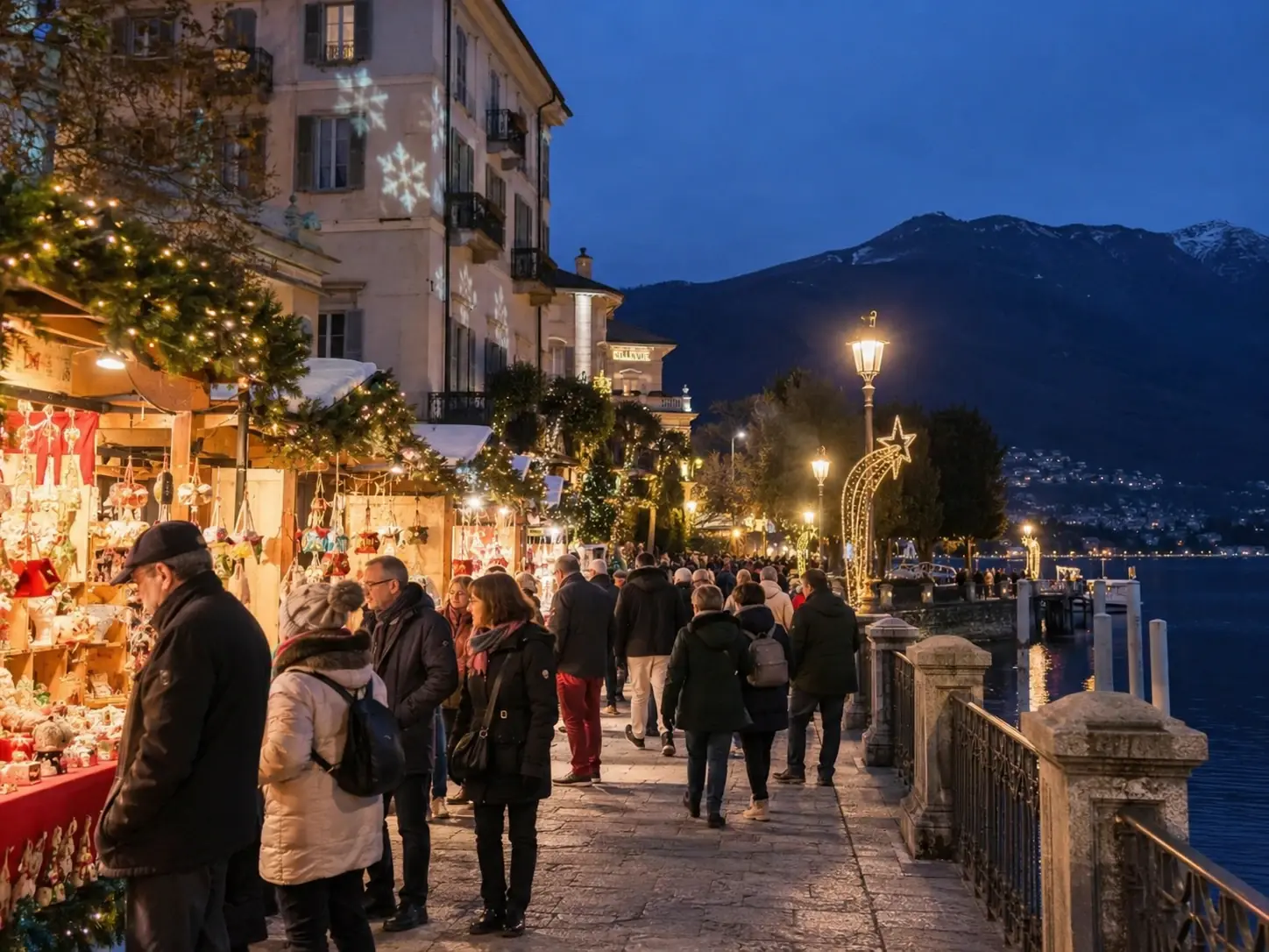 Casette di Natale e luminarie sul lungolago di Verbania, con stella cometa luminosa e il Lago Maggiore sullo sfondo