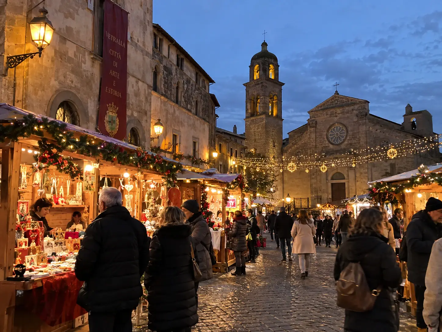 Casette di Natale e luminarie in una piazza di Vetralla al tramonto, con campanile, chiesa in pietra e stendardo Vetralla città di arte e storia
