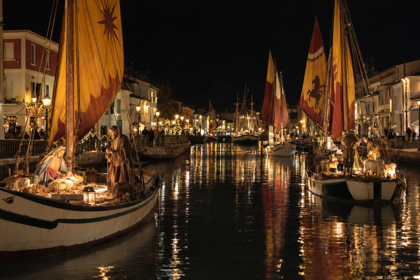 Il porto canale di Cesenatico di notte, con le barche storiche e il presepe galleggiante illuminato sull'acqua