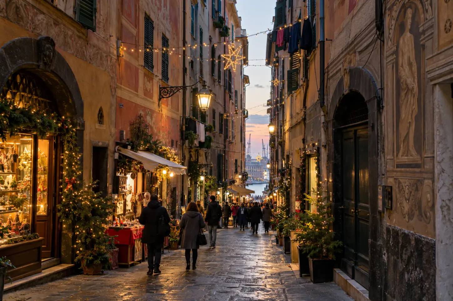 Un caruggio del centro storico di Genova con le bancarelle di Natale, le luminarie tra i palazzi alti dalle facciate dipinte e i portali in ardesia