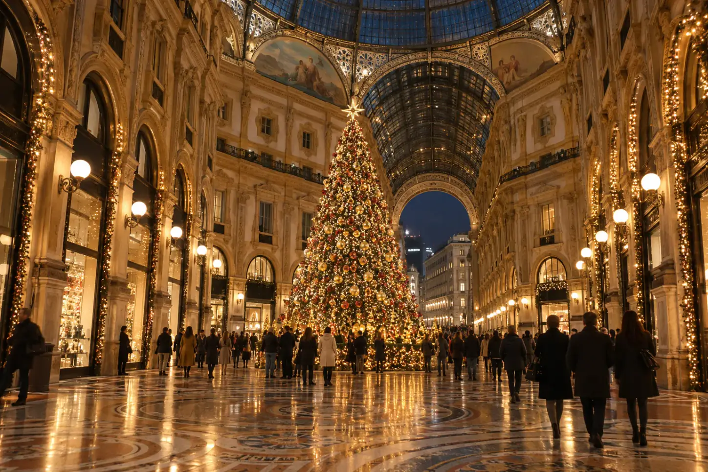 La Galleria Vittorio Emanuele II a Milano decorata per Natale, con il grande albero illuminato sotto la cupola e i visitatori