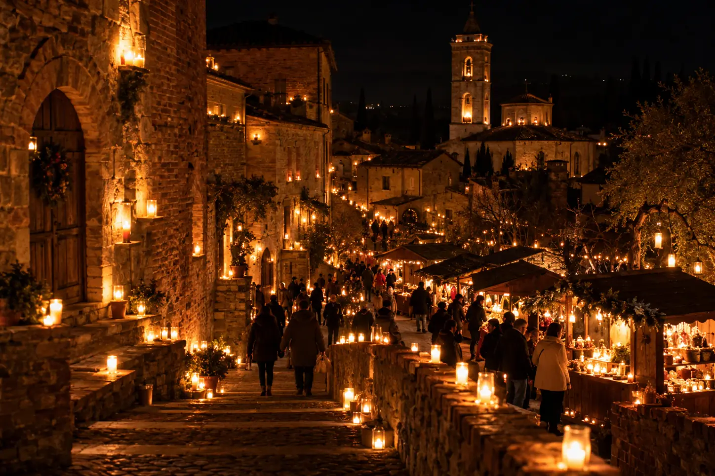 Il borgo di Candelara di sera a lume di candela, con centinaia di candele accese lungo le mura e tra le casette del mercatino