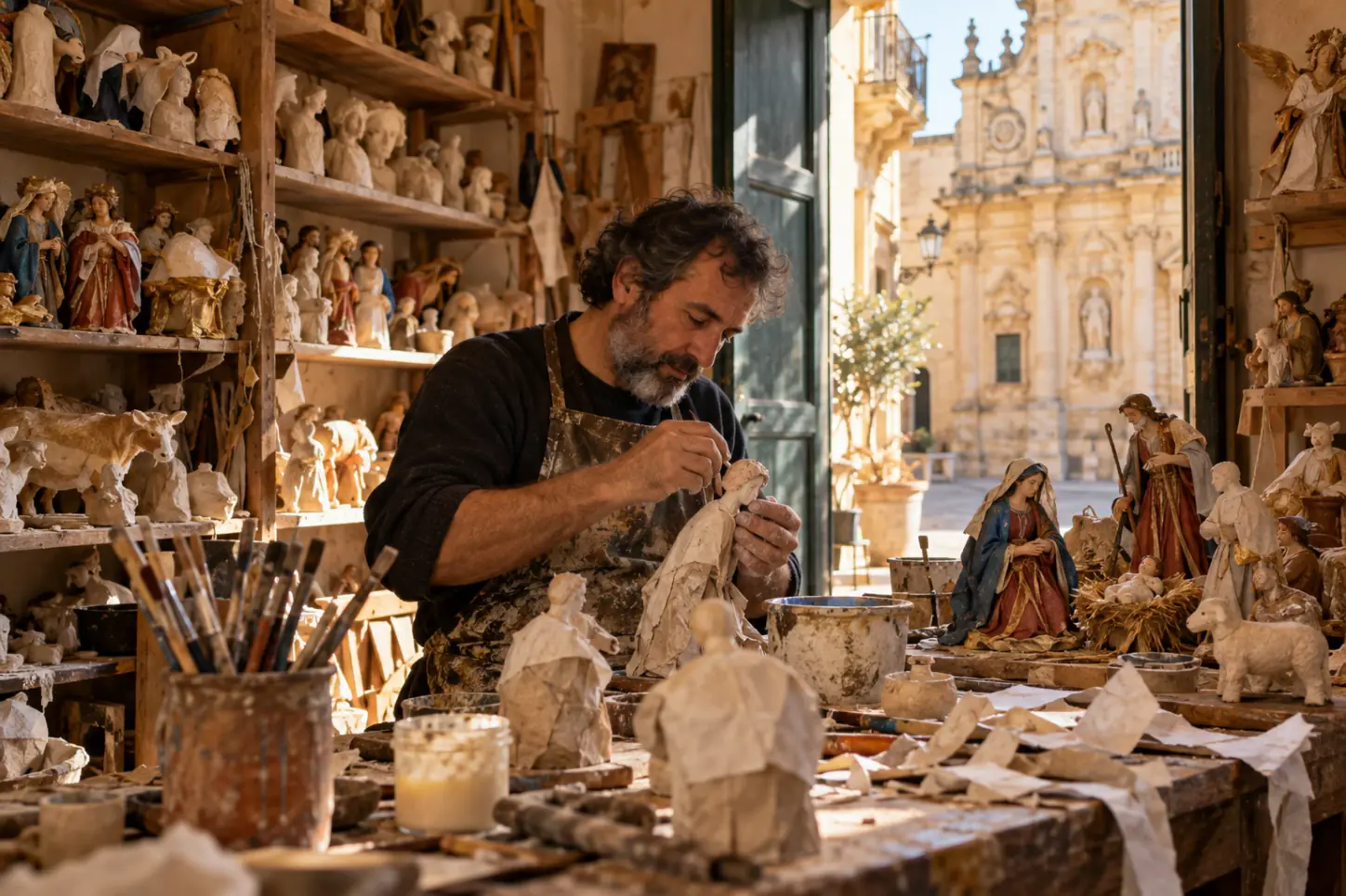 Statuine da presepe in cartapesta in una bottega artigiana di Lecce, con un artigiano che modella una figura e la pietra leccese sullo sfondo