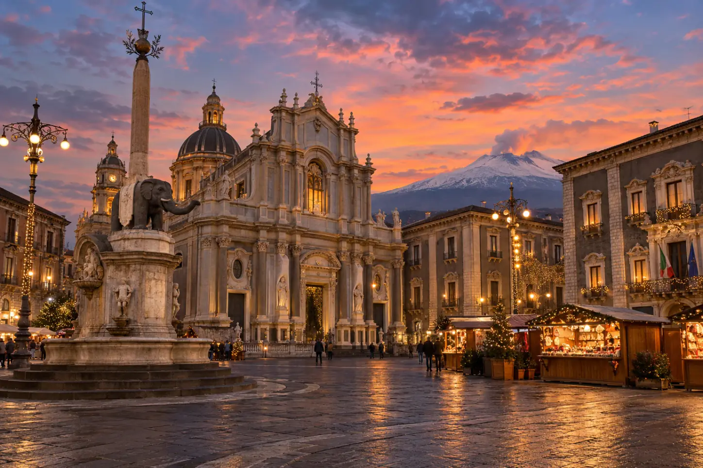 Piazza del Duomo a Catania di sera con la Fontana dell'Elefante, la cattedrale barocca, le luci di Natale e l'Etna sullo sfondo