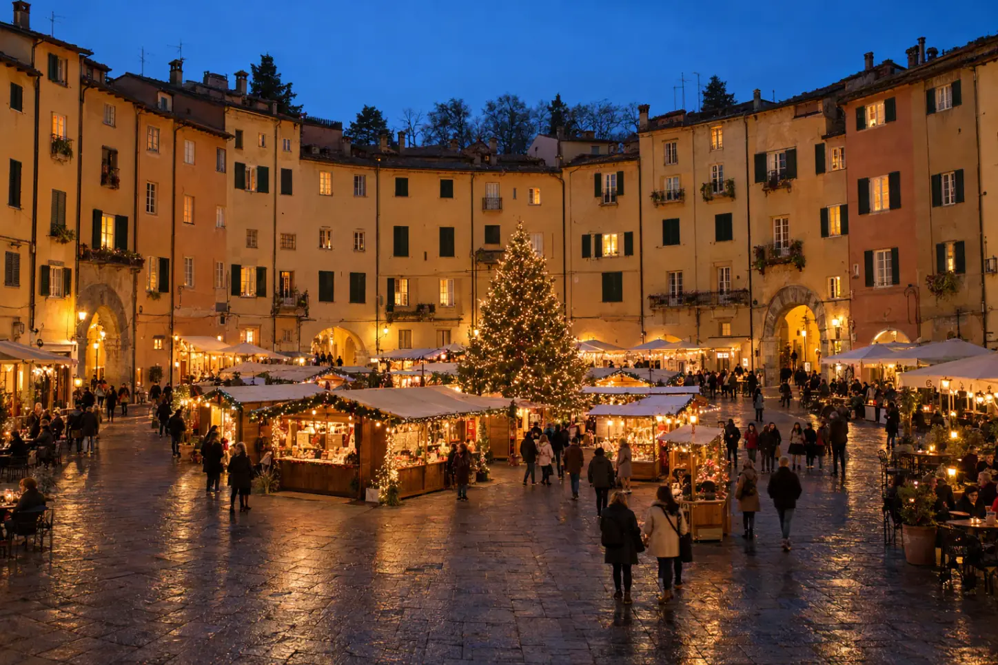 Piazza dell'Anfiteatro a Lucca di sera con le casette di Natale, l'albero illuminato e le case color ocra che seguono la forma ovale della piazza