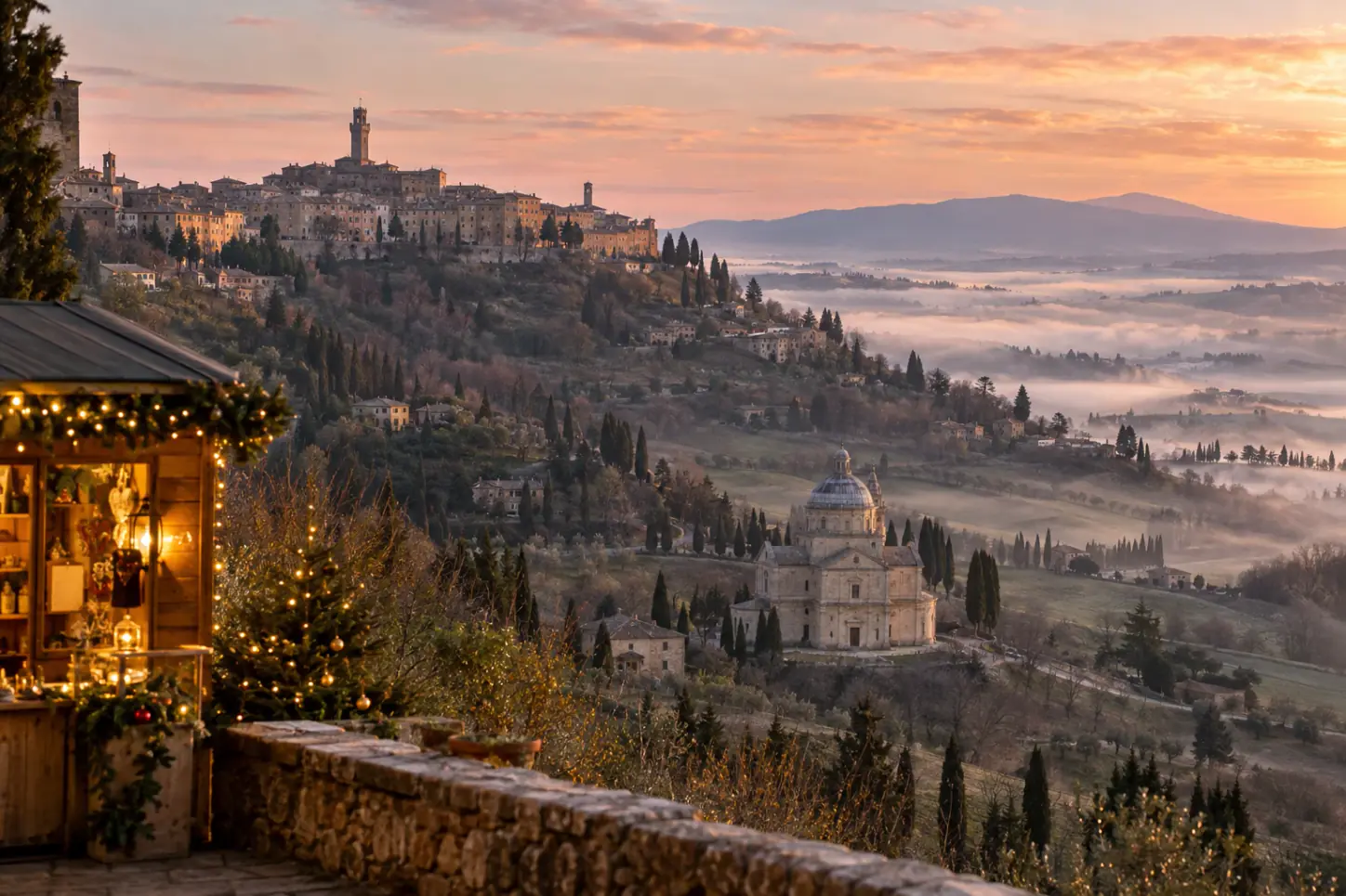 Montepulciano all'alba in inverno, con la torre del Palazzo Comunale, il Tempio di San Biagio tra i cipressi, la nebbia nelle valli e una casetta di Natale