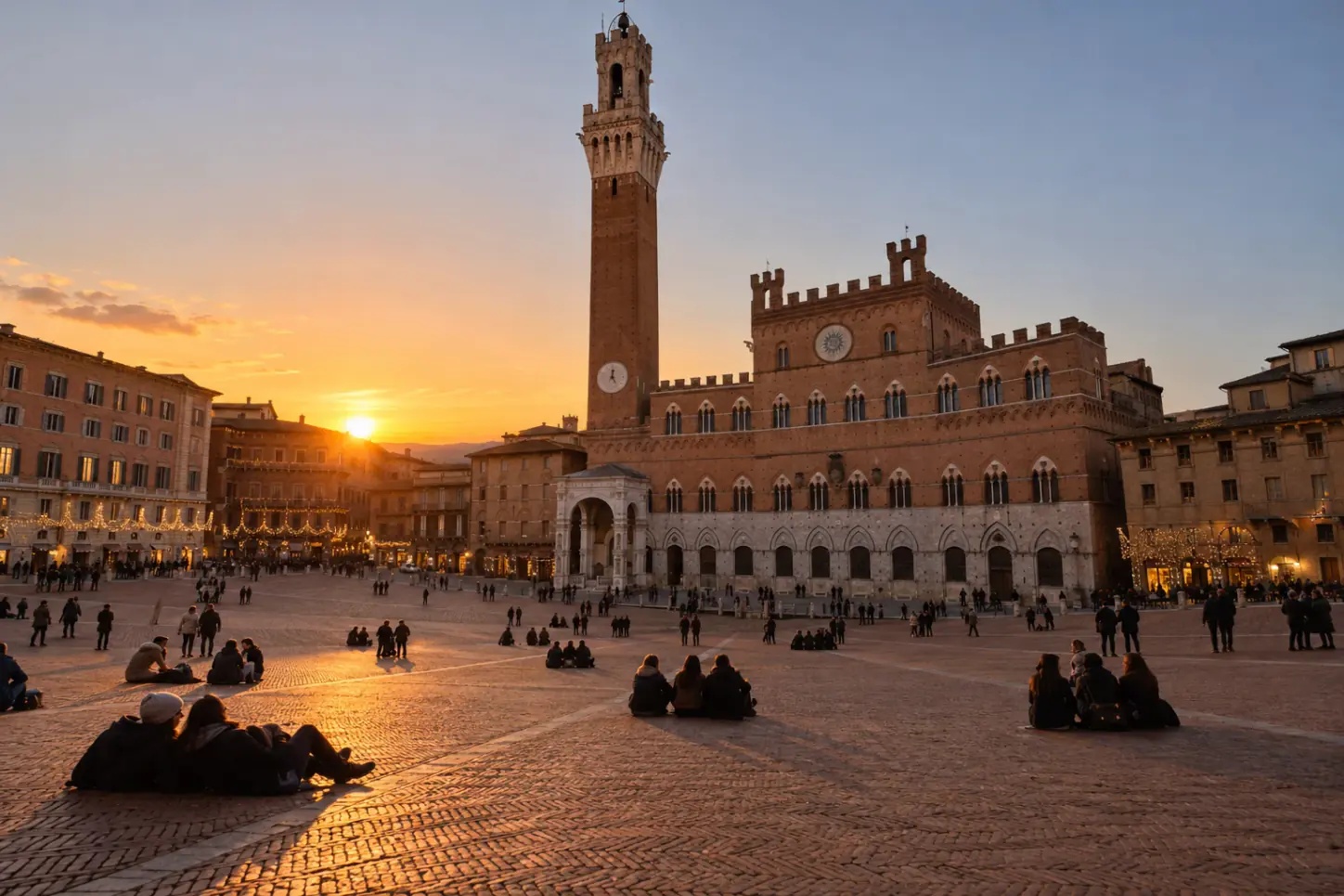 Piazza del Campo a Siena in inverno, con la Torre del Mangia, il Palazzo Pubblico e le luci natalizie al tramonto