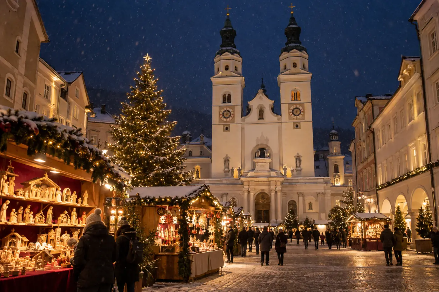 Piazza Duomo a Bressanone con il mercatino di Natale, le casette di legno e il grande albero davanti alla cattedrale barocca dalle due torri