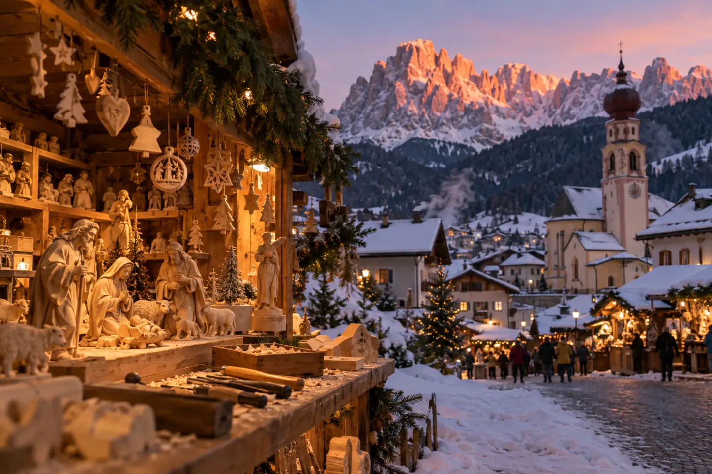 Bancarella di Ortisei con statuine da presepe intagliate nel legno e, sullo sfondo, il paese innevato e il Sassolungo al tramonto