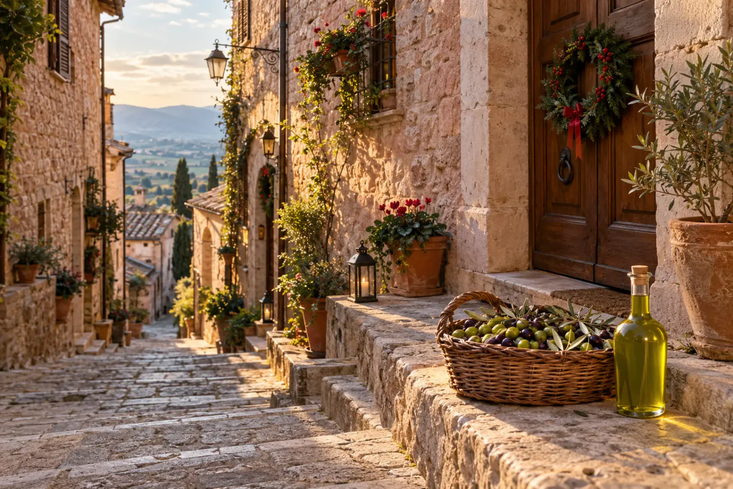 Un vicolo in salita di Spello in pietra rosata, decorato per Natale con ghirlande e vasi, con un cesto di olive e olio nuovo in primo piano