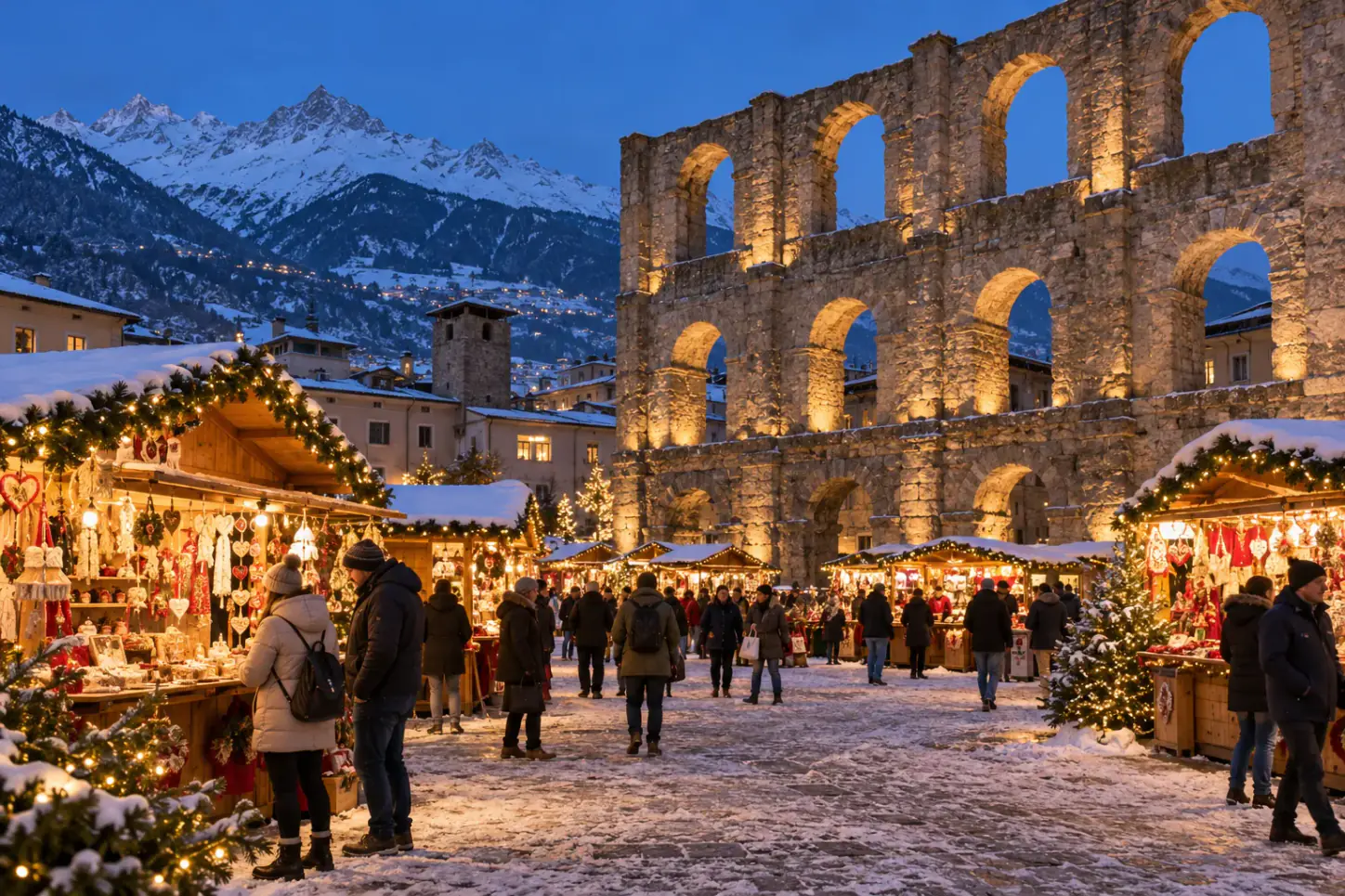 Il mercatino di Natale di Aosta davanti alla facciata illuminata del Teatro Romano, con le casette di legno, la neve sul selciato e le montagne innevate